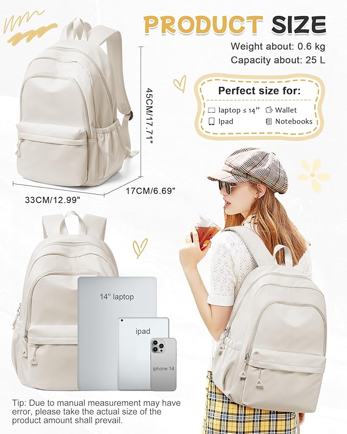 BJLFS Beige Backpack for School Women Girls, Waterproof Book bags Cute High School Backpacks for Men Teen Boys, Lightweight Travel College Backpack Mochilas Escolares para Daypack Ruckssack
