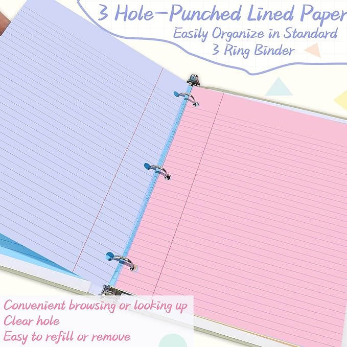 gisgfim 100 Sheets Loose Leaf Binder Paper, 8" x 10.5" Colored College Ruled Paper, 3 Hole Punched Lined Refill Inserts Thicken for 3-Ring Binders Notebooks Planner Writing School Office (Pastel)