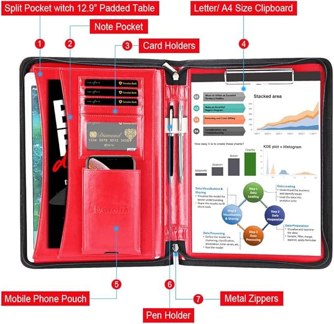 Darolin Vegan Leather Padfolio Portfolio with Handle & Clipboard, Zippered Business Portfolio Organizer for Meetings, Interviews & Travel, Fits A4 & Letter Size, Padfolio for Men Women (Red)