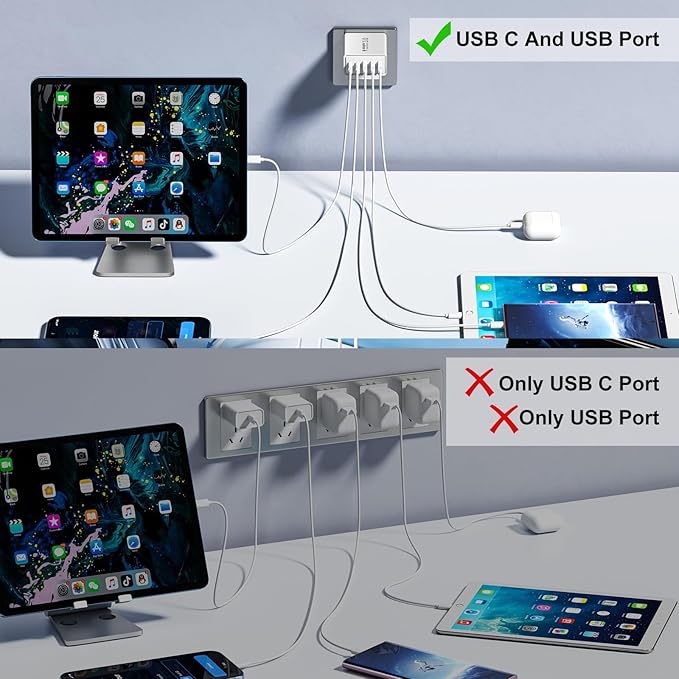 USB C Charger Block 50W 5Port Type C Fast Charging Blocks Multiport USB Wall Charger Plug Adapter Outlet Cube Box Brick Phone Accessories for iPhone 16 15 Pro Max XS, iPad, Tablet (White)