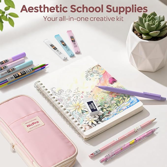 Nicpro 45PCS Mechanical Pencils with 462 Lead Refills (Pink) | 0.5mm-2.0mm Cute Mechanical Pencil Pet, School Supplies Stationary Set with Pencil Case for Girl Note-Taking & Back to School