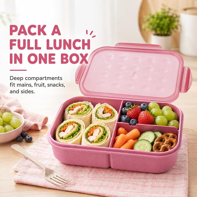 MISS BIG® Bento Lunch Box for Kids, 1150ml, 3 Compartments, Rose Pink | Rose pink kids lunch box for school, daycare, snacks, light meals, picnic food, and daily carry.