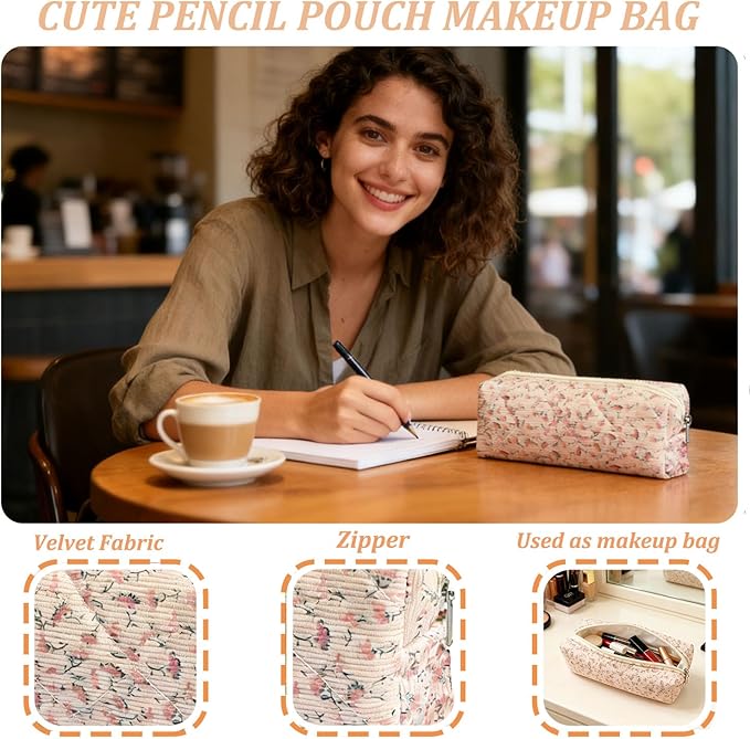 Pencil Pouch Cute Pencil Case Office Storage Bag Holder Box Organizer Aesthetic Bow Flower Pattern Makeup Pouch Cosmetic Bag for Women Girls