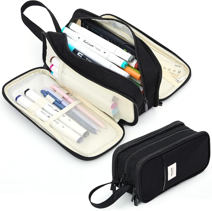 Pencil Case Pouch, Large Capacity Pencil Box Bag, Aesthetic Pen Organizer for School Supplies, Cute Preppy Stuff for Girls Boys Kids, Back to College Stationery, Black