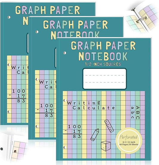 3 Pack Colored Graph Paper Notebook 8.5"x 11" Large Square Graph Paper for 3 Ring Binder 1/2 Inch Squares Math Grid Notebook 3 Hole Punch Graph Writing Paper for Kids School Dyslexia Dysgraphia
