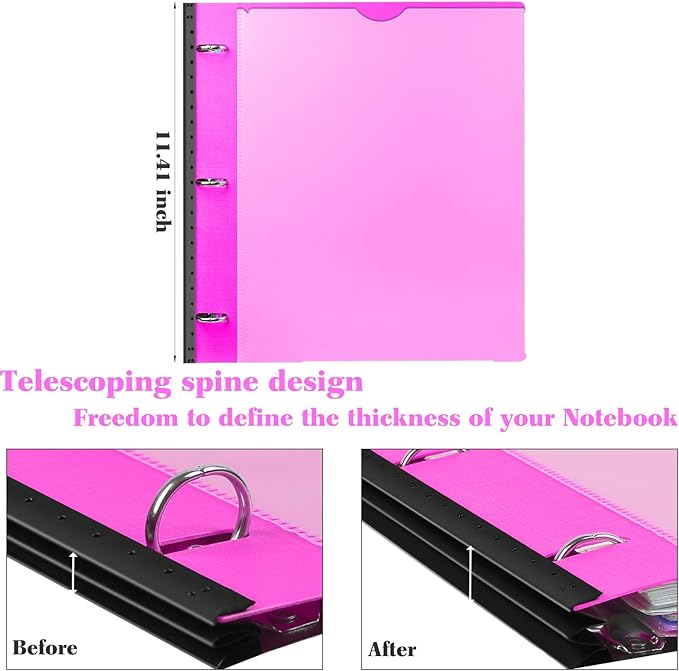 INFUN All-in-one Telescoping Binder Notebook, Refillable 3 Ring Notebook Binder with 1 Plastic Movable Pocket Folder,5 Plastic Subject dividers and Graph Paper and College Ruled Paper- Pink