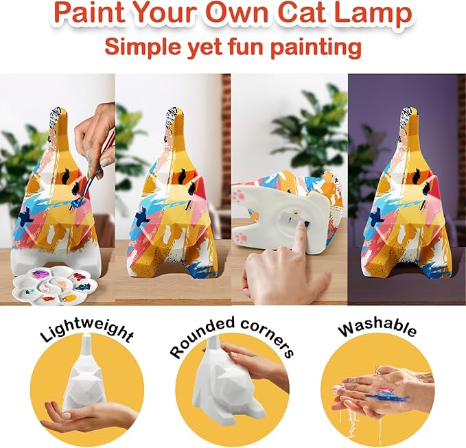 Goody King Paint Your Own Cat Lamp Art Kit, 2PCS DIY Night Light, Arts & Crafts for Kids Ages 8-12, Painting Kit for Girls Boys Age 4 5 6 7 8+, Art Supplies Cat Craft Birthday Gifts for Kids Ages 3+