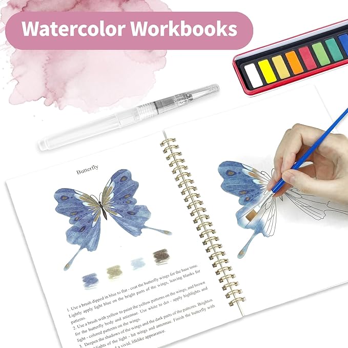 Watercolor Workbook, Watercolor Coloring Book Beginner Friendly Painting kit for Adults, 12 Colors Water Color Paint with Palette & 2 Brush, Exploration Gift (Animals)