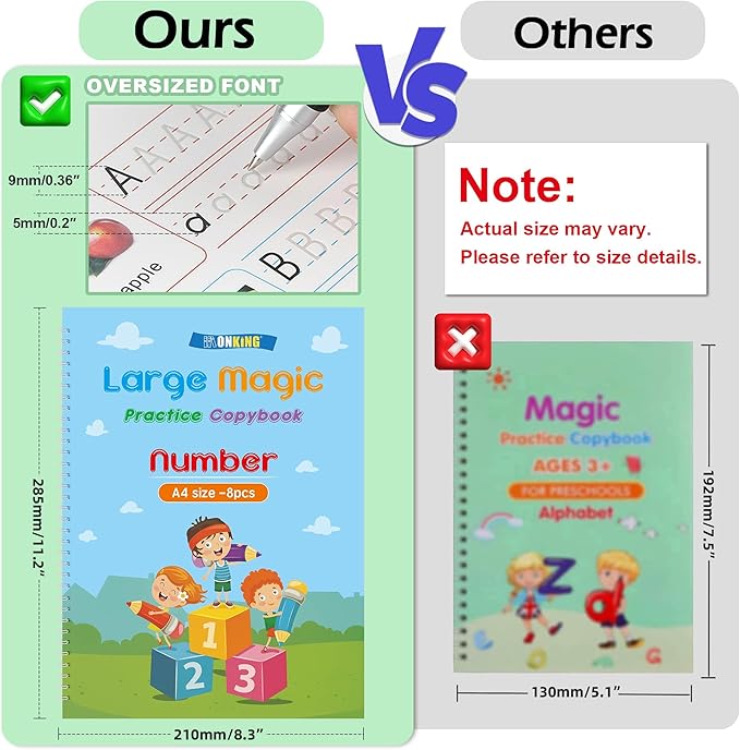 Monking Large Magic Practice Copybook for Kids,Handwriting Grooved Practice Book 6 Pack with Pen Refill English Cursive Calligraphy Reusable Age 3-8