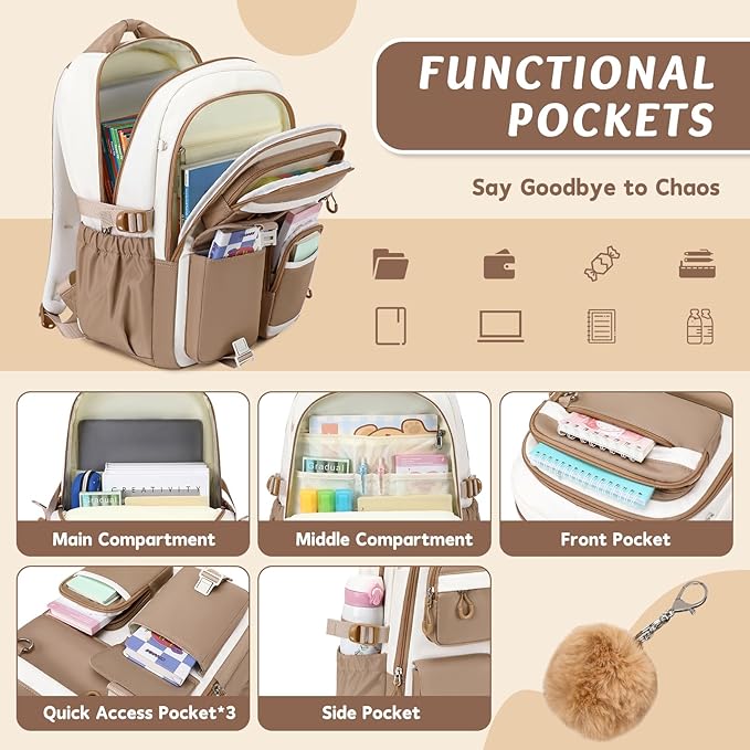 MUSEVOS Kids Teenage Girls Backpack, Elementary/Middle/High Schoolbag, Multi-Compartment Water-resistant Cute Bookbag, 17inch