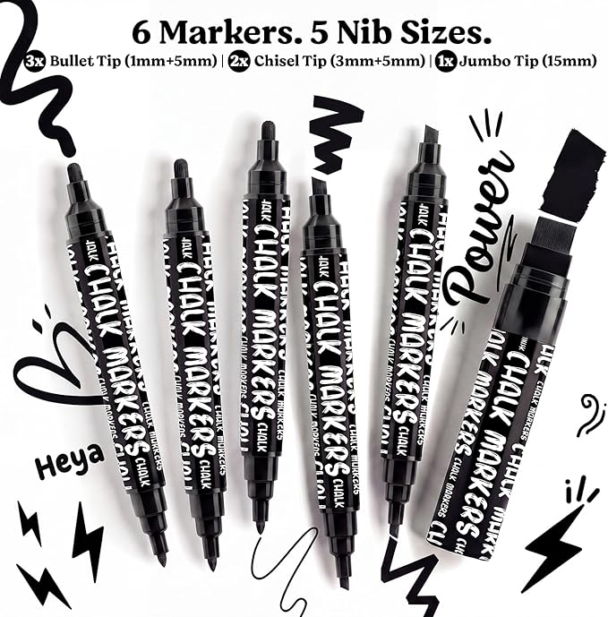 Chalkola 6 Black Chalk Markers - Dual tip, Fine & Jumbo Tip (1mm, 3mm, 5mm, 15mm) | Erasable Liquid Chalk Pens for Blackboard, Chalkboard Signs, Car Window, Bistro, Glass | Washable Chalkboard Markers