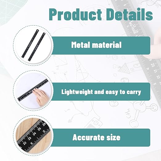 2 Pack Metal Ruler, 12 Inch Black Straight Edge Rulers Metric Ruler Laser Engraved Dual Scale Aluminum Rulers with Millimetre, Inches Conversion Table for Office Drafting Geometry Crafting