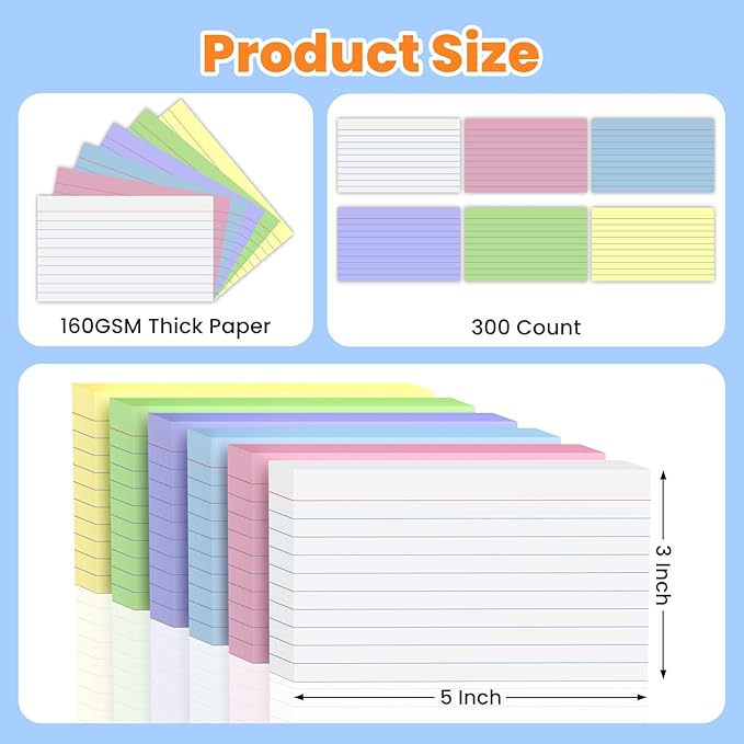 300PCS Index Cards 3 x 5 Inch, Colored Flash Cards, Lined Flashcards Notecards, Flash Cards for Studying, Ruled Front and Blank Back, Note Cards for Office, Home and School