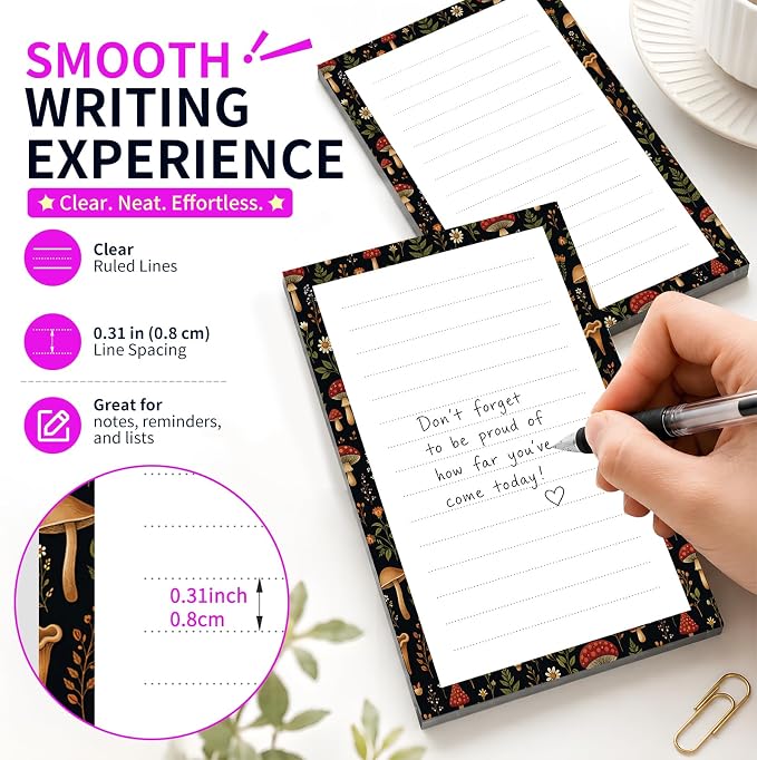 Lined Sticky Notes 4x6 in, 2 Pack Large Cute Notepads with Lines Self-Stick Note Pad, Funny Memo Pads Strong Adhesive for Office, Home Cute Boho Mushrooms
