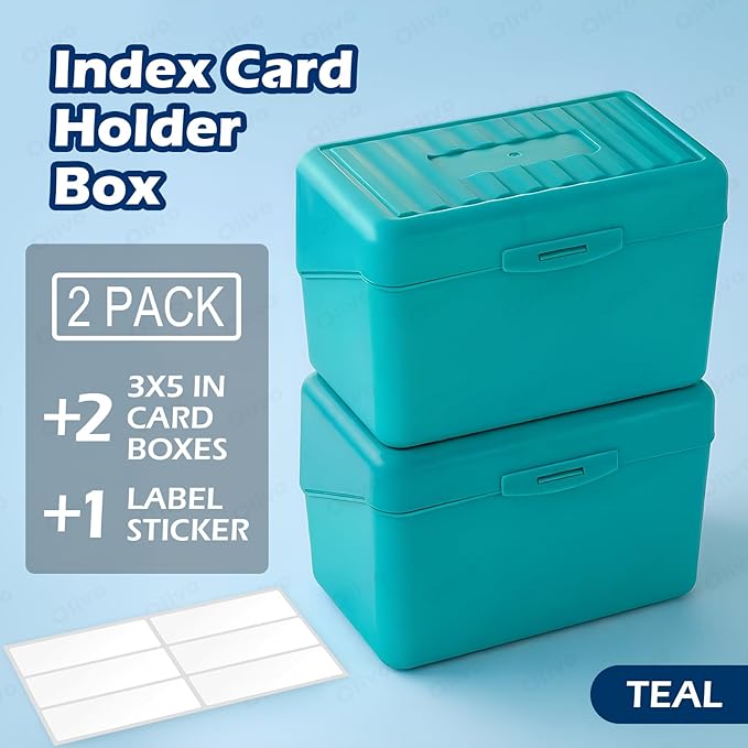 Olivo Index Card Holder Box 3x5 Flash Note Card Holder Storage File Box Organizer Case for 3"x5" Cards, Teal 2 Pack