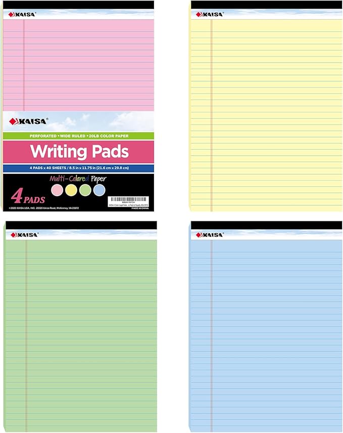 KAISA note pads Colored Legal Pad Writing Pads 8.5x11 inch, Wide Ruled, 40 Sheets/Pad, 20lb Colored Paper, Perforated Writing Pad with Sturdy Back (4 Pads), KSU-5972