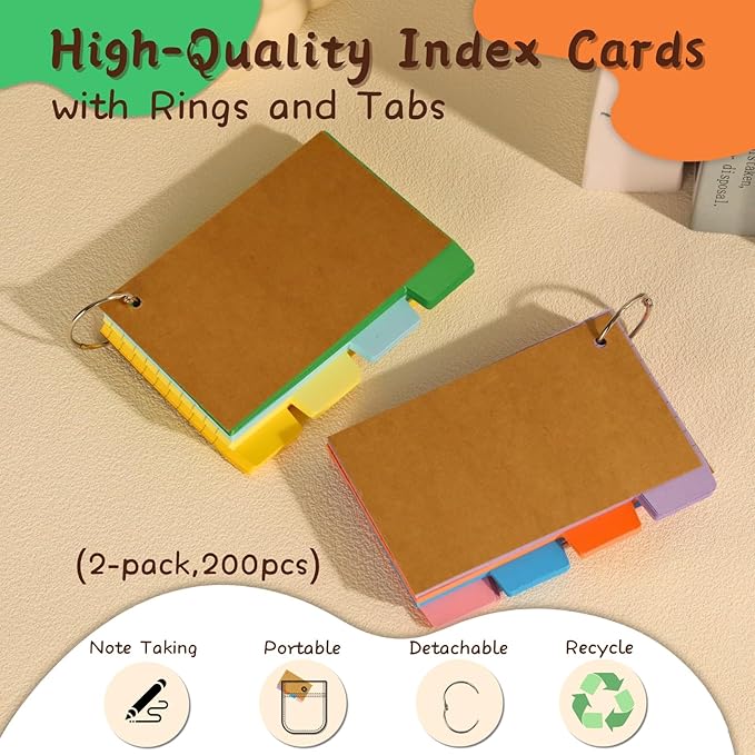 200PCS Tabbed Index Cards with Ring 3x5: Lined Colored Flash Card with Tabs, Assorted Colors Thicken Notecards School Supplies for Students Study Note Office Essentials (ColorA+ColorB, 200PCS)