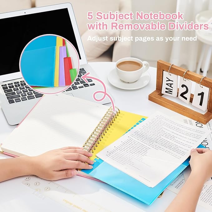 Aeshetic Hardcover Spiral Notebooks for Work with Removable Dividers & Tabs 8.5" X 11" Note Taking 5 Subject Notebook College Ruled A4 Linen Spiral Notebook for School Cute Journals for Women Writing