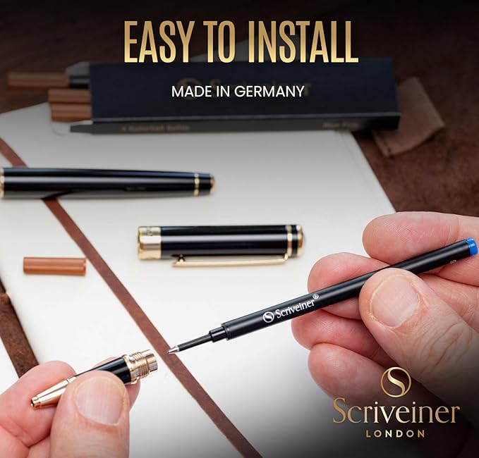Scriveiner Rollerball Refill Blue Fine - 4 Rollerball Refills Designed for Scriveiner Pens - Safety Ceramic Non Dry Roller Pen Refill F - Schmidt 888 Size – Made in Germany