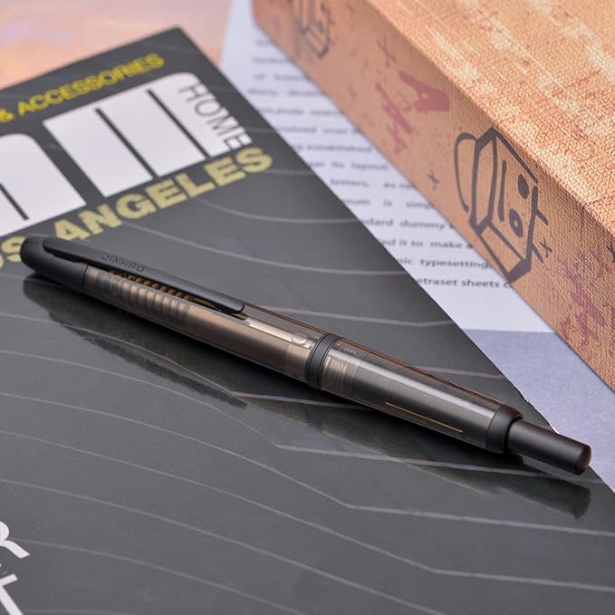 Jinhao 20 Press Fountain Pen, Transparent Black Retractable Fine Nib with Ink Converter Set (Black Clip)