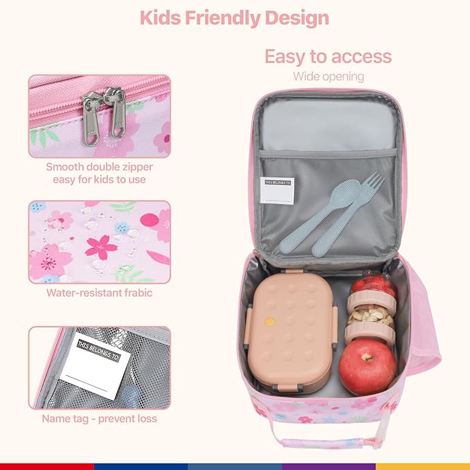 Bagseri Kids Lunch Box for Girls - Insulated Toddler Lunch Bag Fits Bento Box, Reusable Daycare Cooler Tote with Clip Handle, Water-Resistant Lining, Pink Floral