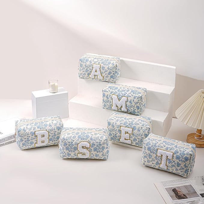 JOVAKIT Alphabet Makeup Bag Cosmetic Bag for Women, Christmas Gifts for Girls Age 6-18, Floral Flowers Coquette Travel Toiletry Zipper Make Up Pouch Organizer Trendy Stuff (Blue Floral H)