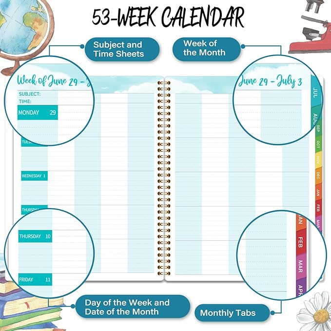 2026-2027 Teacher Planner, July 2026 - June 2027, Lesson Planner 2026-2027, 8.5" x 11", Colorful Monthly Tabs, Spiral Bound