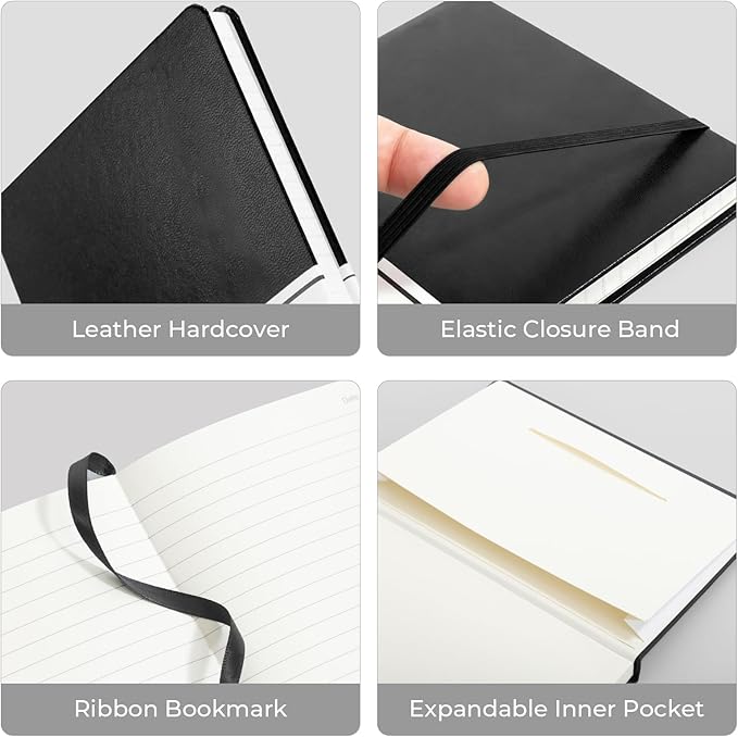 M&G Lined Journal Notebook, 160 Pages, A5 Medium Size 5.6" x 8" for Men Women, 100GSM Thick College Ruled Paper for Journaling, Writing, Work & Office, Leather Hardcover, Black