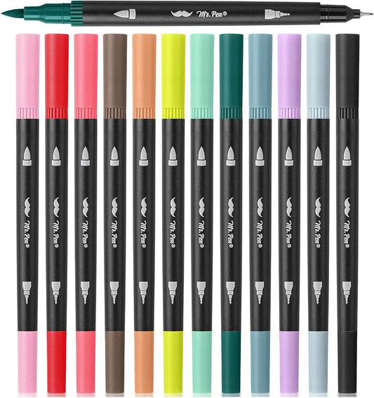Mr. Pen- Dual Tip Brush Pens, 12 pcs, Muted Colors, Fine & Brush Tip Markers for Adult Coloring Markers for Adults