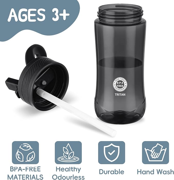 14oz Clear Kids Water Bottle with Straw Lid, BPA-Free Tritan, Measurement Scale, Sturdy Handle Wide Mouth Leak-proof Reusable Plastic Bottle for Boy& Girls, Back to School(Black)