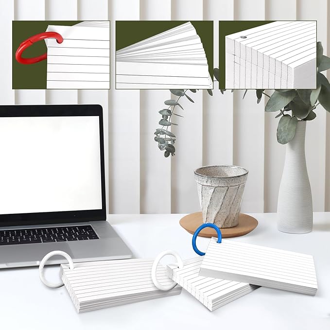 600 PCS White Index Cards Ruled, 3 x 5 Inches Flash Cards with Ring, Note Cards Study Cards for School Learning and To to Lists