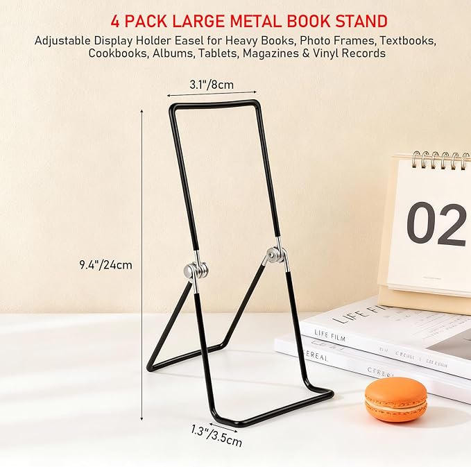 4 Pack Large Metal Book Stand, Adjustable Display Holder Easel for Heavy Books, Photo Frames, Textbooks, Cookbooks, Albums, Tablets, Magazines & Vinyl Records, for Home Office School Display