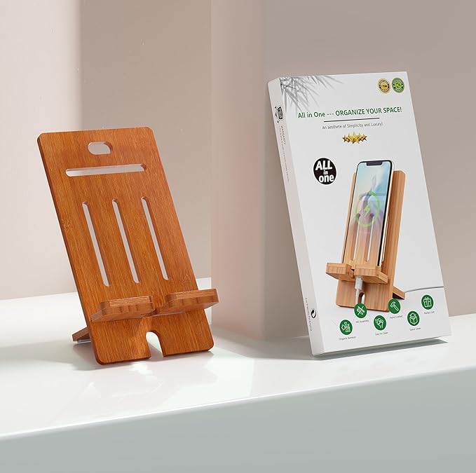 Pezin & Hulin Bamboo Cell Phone Stand, Wood Dock Holder, Portable Desktop Phone Rack, Compatible with Mobile Phone and Tablet -Slim Version (Brown)