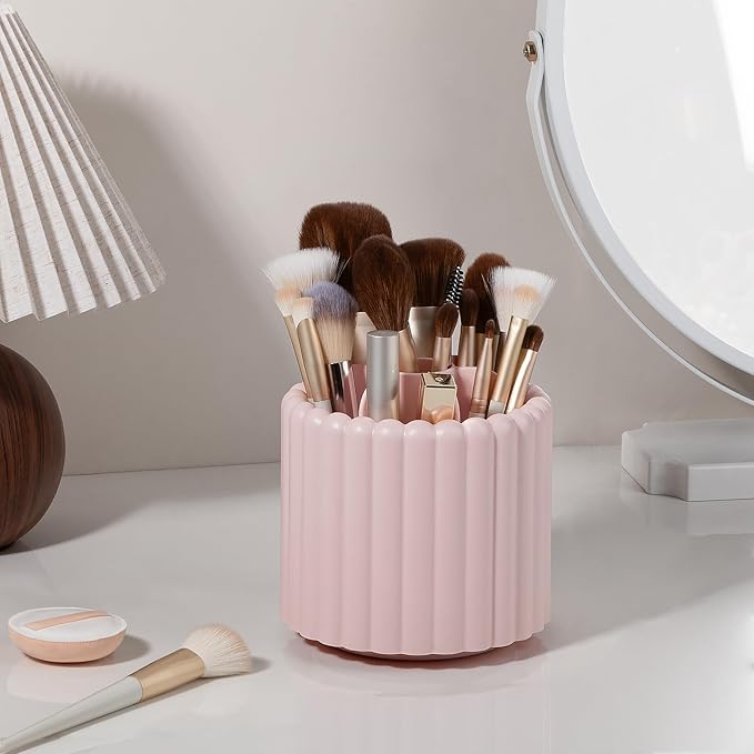 Anyoifax 360° Rotating Pen Holder 7 Slots Desk Organizer Removable Pencil Cup Plastic Art Supplies and Accessories Desktop Storage Box Caddy for Office, School, Home (Pink)