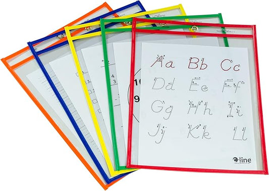 C-Line Reusable Dry Erase Pockets, 9 x 12 Inches, Assorted Primary Colors, 5 Pockets per Pack (40630)