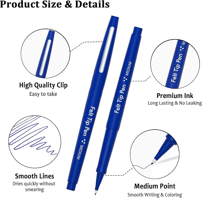 Lelix Felt Tip Pens, 60 Blue Pens, 0.7mm Medium Point, Felt Tip Markers Pens for Journaling, Writing, Note Taking, Planner, Perfect for Art Office and School Supplies
