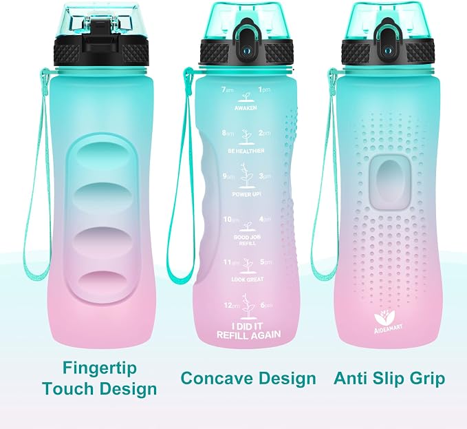 24 OZ Motivational Kids Water Bottle With Time Marker,Leak Proof,Straw Lid, Tritan BPA Free Sports Water Bottle Light green pink(1 Lid)