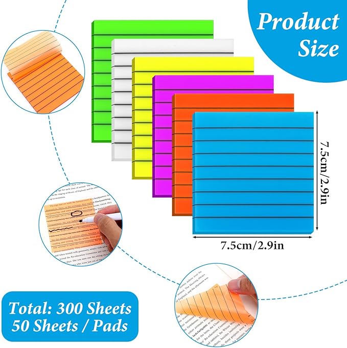300 Sheets Lined Transparent Sticky Notes 3x3 Inch 6 Pack Clear Sticky Notes Reminder Tabs with Line Colorful Lined Post Note Reminder Tabs for Office Home College Meeting