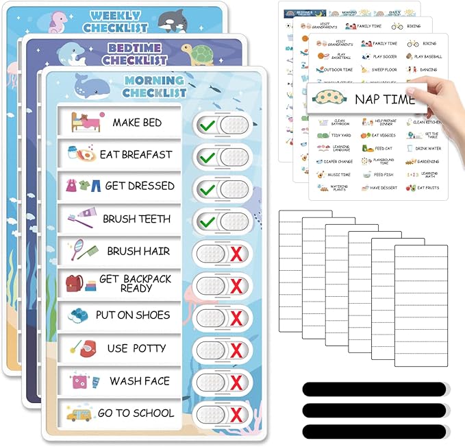3 in 1 Bedtime/Morning/Weekly Routine Chart for Kids, Magnetic Chore Chart for Toddlers, Visual Schedule for Kids Toddlers Schedule Board for Home