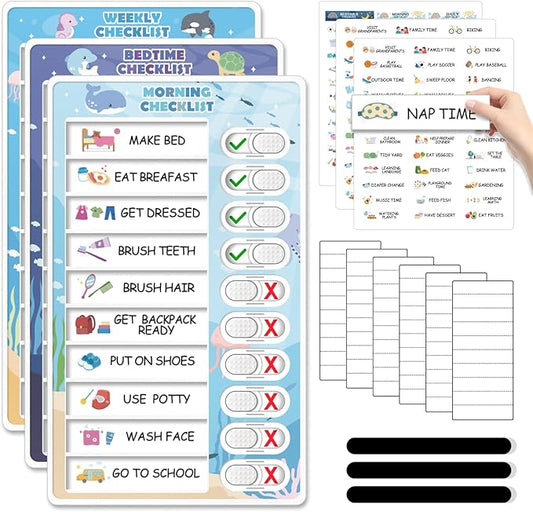 3 in 1 Bedtime/Morning/Weekly Routine Chart for Kids, Magnetic Chore Chart for Toddlers, Visual Schedule for Kids Toddlers Schedule Board for Home