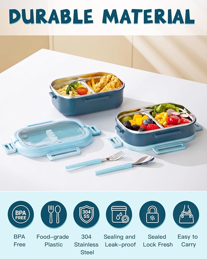 Lille Home Stackable Stainless Steel Bento Lunch Box + Insert Cutlery, 56oz | 2 Tier Leakproof Metal Lunch Boxes, 4-Compartment Food Containers for Work, Picnic, Meal Prep & Portion Control (Blue)