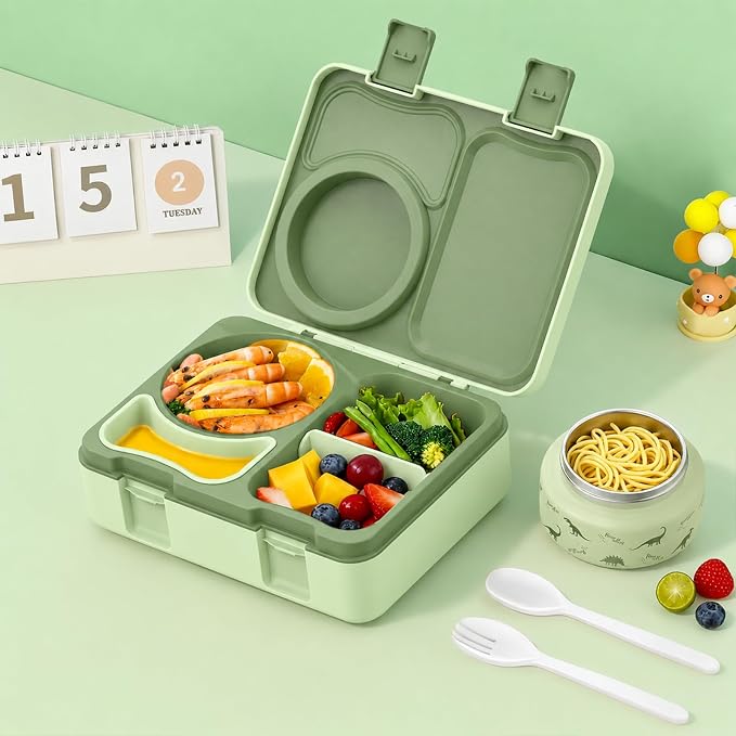Kids Insulated Lunch Box with 8OZ Thermo Food Jar | Leakproof Bento Box with Ice Pack Sauce Cup Utensils Removable Tray & Dividers for School Daycare Travel, Dinosaurs