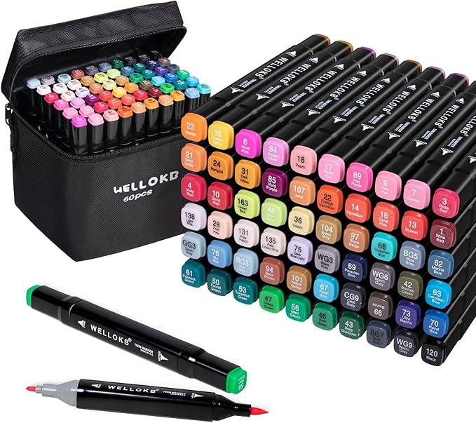 WELLOKB Alcohol Markers Set, 60 colors Alcohol Based Dual Tip, Broad and Brush Tip for Adult Coloring Books, Drawing, Sketching (60)