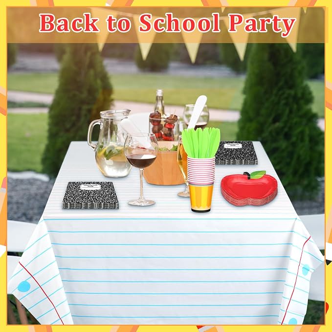 146 Pcs Back to School Decoration First Day of School Party Supply Apple Plate 24 Set Tableware Disposable 2 Notebook Tablecloth for Composition Classroom Decoration Preschool Kindergarten Party