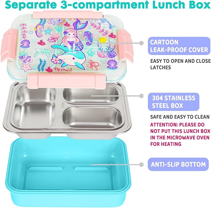 Stainless Steel Bento Lunch Box for Kids, 710ml/23.5oz BPA-Free Leak-Proof Food Containers with 3 Compartments, Back to School Students Daycare Lunches Snack Container Size for Ages 3-7