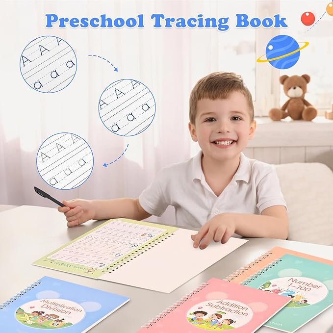 AALGO Magic Grooved Practice Copybook 5 Pack with Pens, Reusable Grooved Handwriting Magic Workbooks,Learn to Write Letters Numbers, Math, Tracing for Kids Ages 3-8