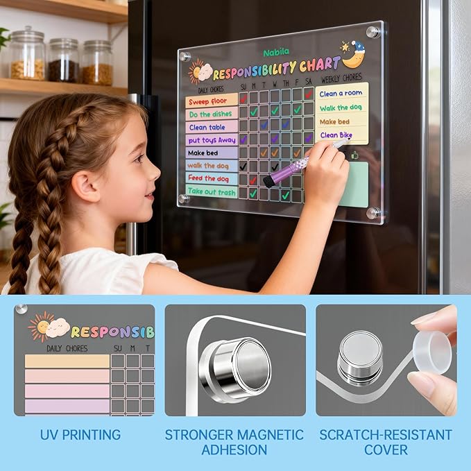 Acrylic Magnetic Kids Chore Board & Star Reward Jar - Dry Erase Fridge Calendar with Erasable Markers, Wooden Stars & DIY Stickers for Visual Schedule, Behavior Tracking & Potty Training Toddlers
