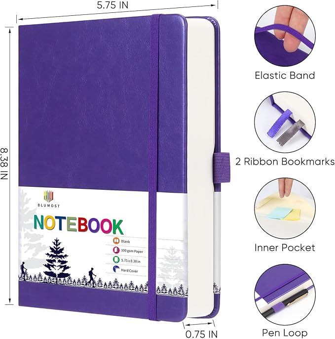 Blank Paper Notebook - 280 Pages A5 Blank Journal Notebook with 100gsm Thick Blank Paper, Hardcover, PU Leather, 5.75'' × 8.38''-Purple