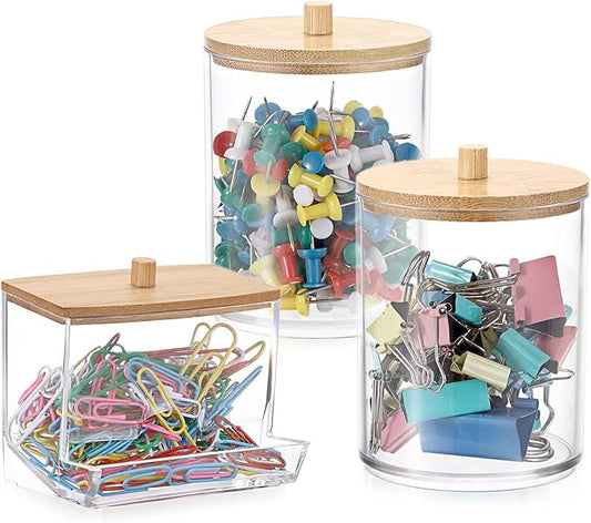BTSKY Set of 3 PaperClip Holders with Bamboo Lid, Round Binder Holder for Desk, Clear Paper Clip Dispenser Small Office Supply Accessory Organizer Qtip Holder for Office Bathroom Vanity, Beige