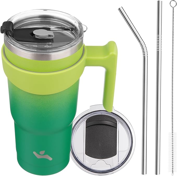 Konokyo 20 oz Tumbler with Handle and 2 Straw 2 Lid, Insulated Water Bottle Stainless Steel Vacuum Cup Reusable Travel Mug,Matcha Green